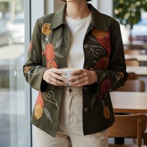 Vintage Alex Kin Funky 80s Vibe Women's‎ Olive Floral Jacket, Size Small